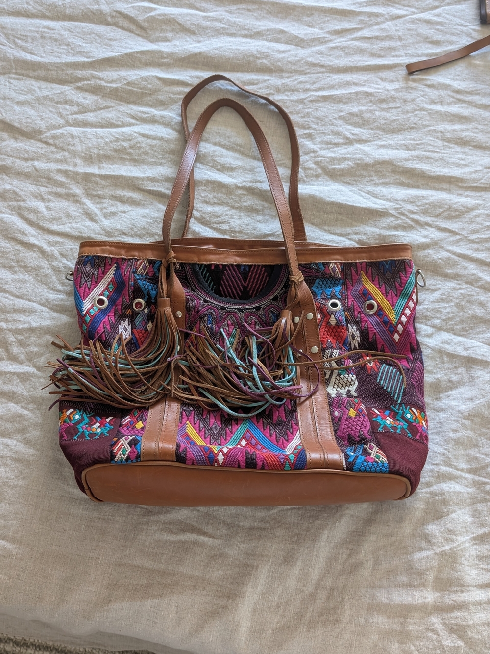 Nena And Co. Fringed Multicolor Woven Tote with Brown Trim
